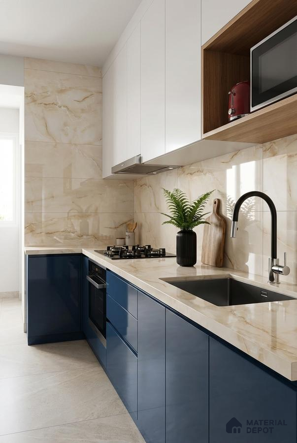 Modern kitchen with navy blue high gloss laminate, frosty white laminate, and beige marble-look backsplash tile