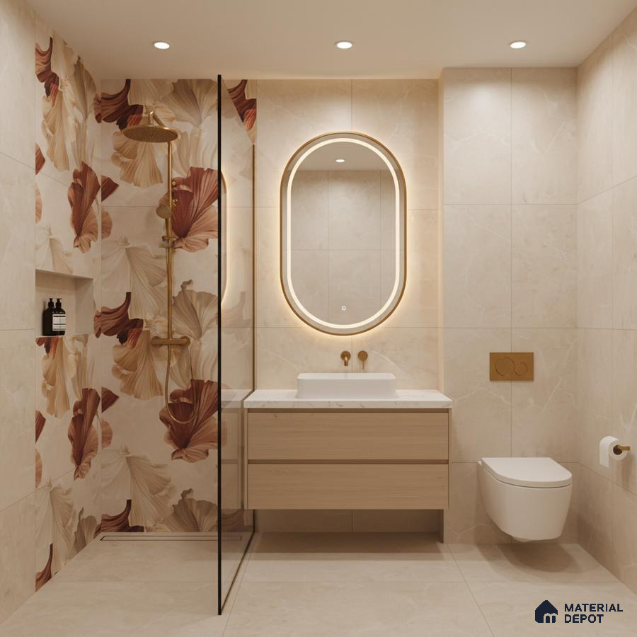Modern bathroom with beige marble-look tiles and floral highlighter wall tiles