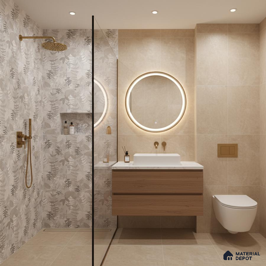 Modern bathroom with beige stone tiles, floral patterned wall tile, and wood finish floating vanity