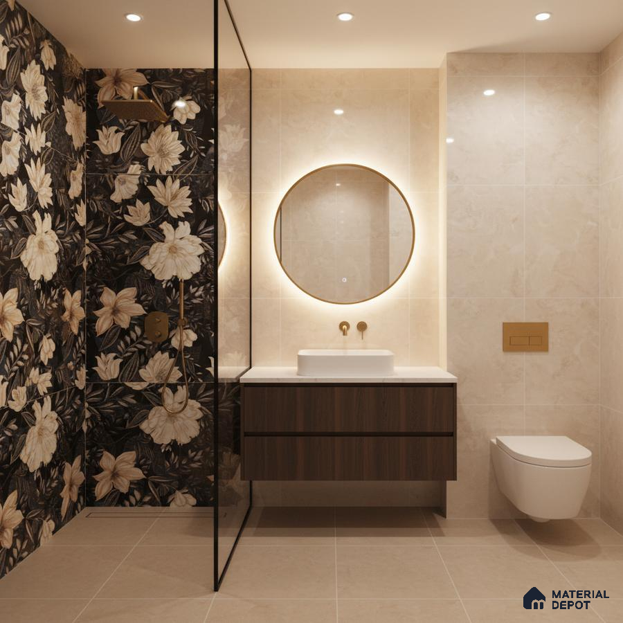 Modern bathroom with floral highlighter wall tile, beige marble-look wall tile, and walnut wood vanity