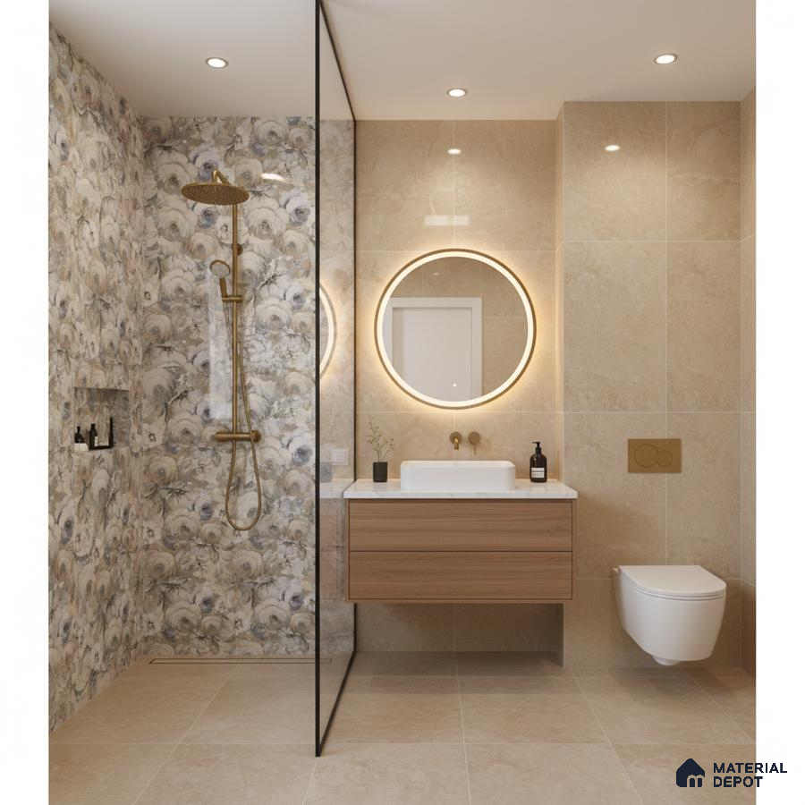 Modern bathroom with beige marble-look tiles, floral highlighter wall tile, and wood vanity