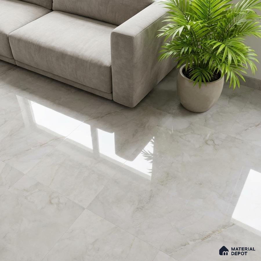 Modern living room with polished marble-look floor tiles and beige fabric sofa