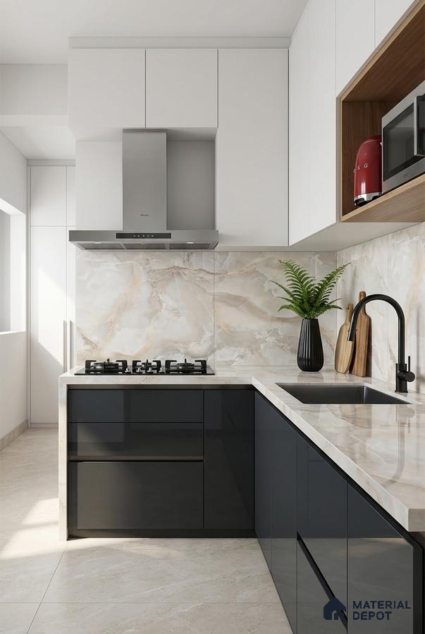 Modern kitchen with high gloss black laminate, frosty white laminate, and beige marble-look backsplash tile
