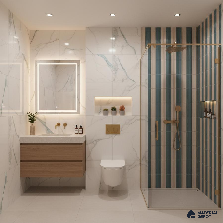 Modern bathroom with marble-look wall tiles, blue striped shower tiles, and floating wood vanity