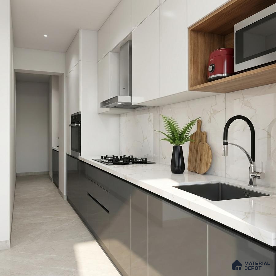 Modern parallel kitchen with glossy grey and white laminate, marble-look backsplash, and white quartz countertop