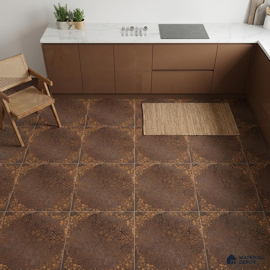 Modern kitchen with glossy brown laminate cabinets, white marble countertop, and patterned brown floor tiles