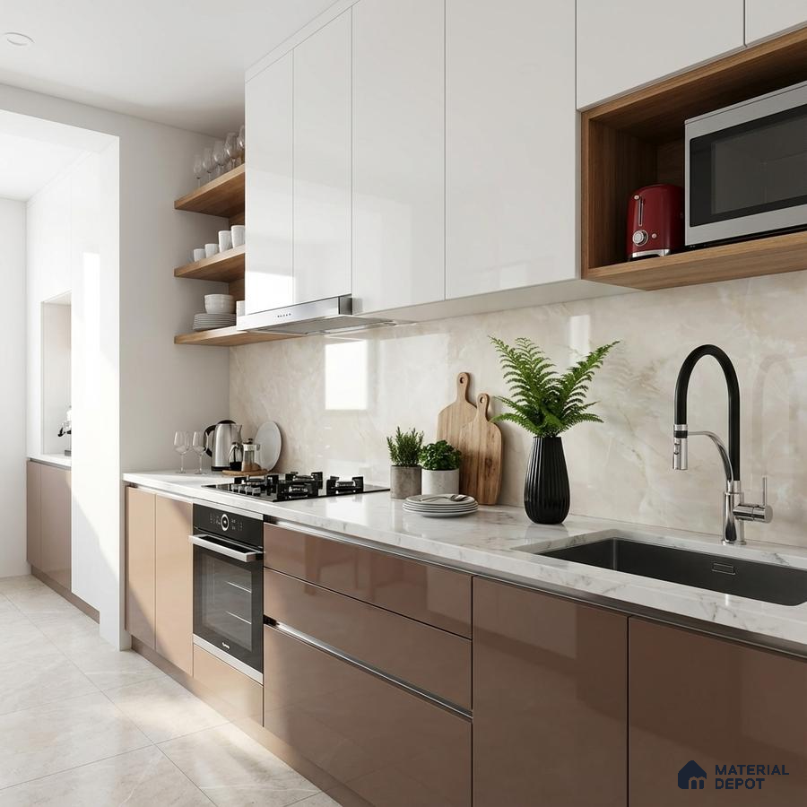 Modern kitchen with glossy taupe and white laminate, marble-look backsplash, and white quartz countertop