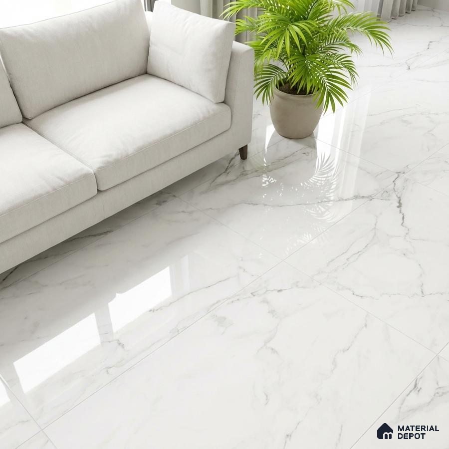 Modern living room with white marble-look polished floor tiles and neutral fabric sofa