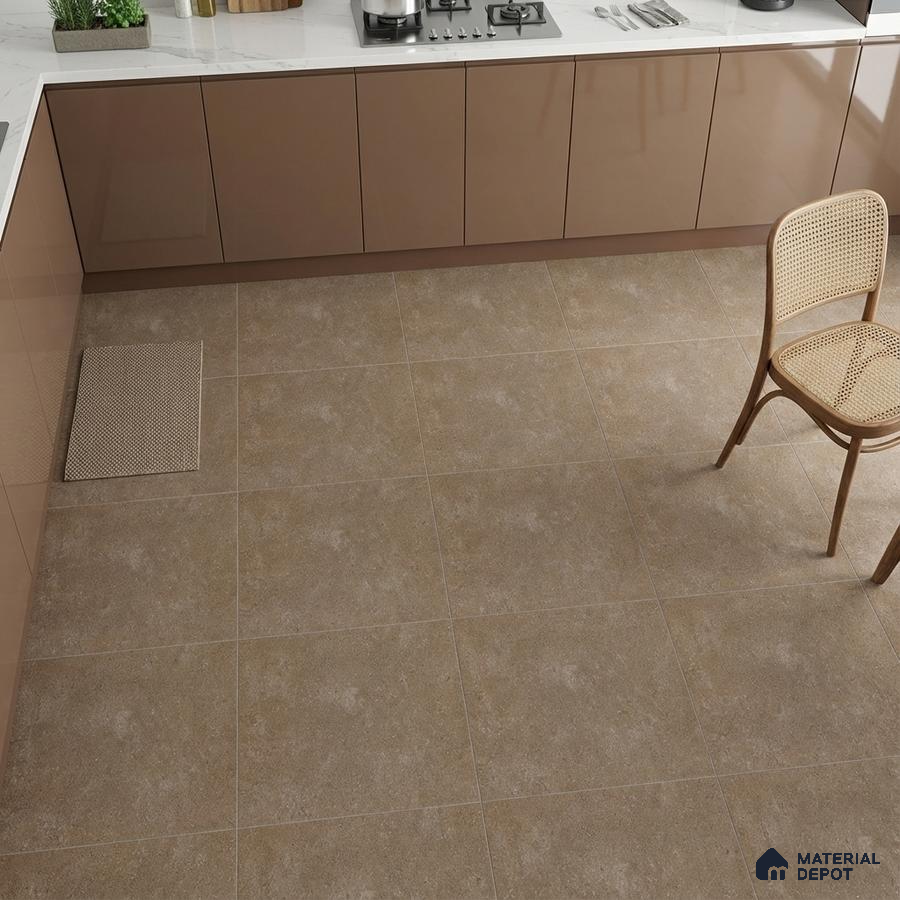 Modern kitchen with taupe high gloss laminate cabinets, white marble countertop, and beige stone look floor tiles
