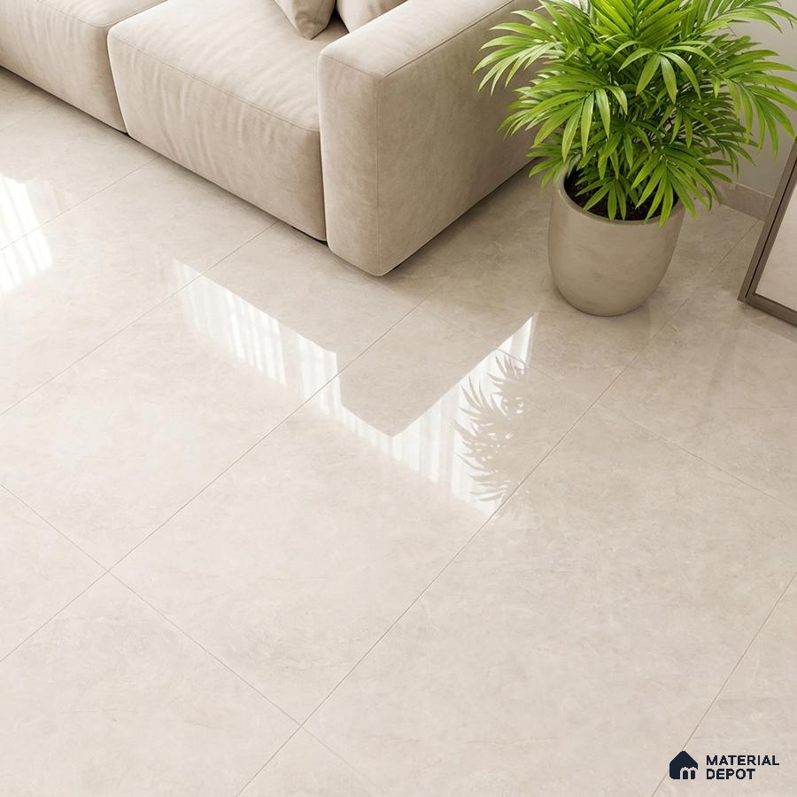 Minimalist living room with beige marble-look glossy floor tiles and neutral fabric sofa