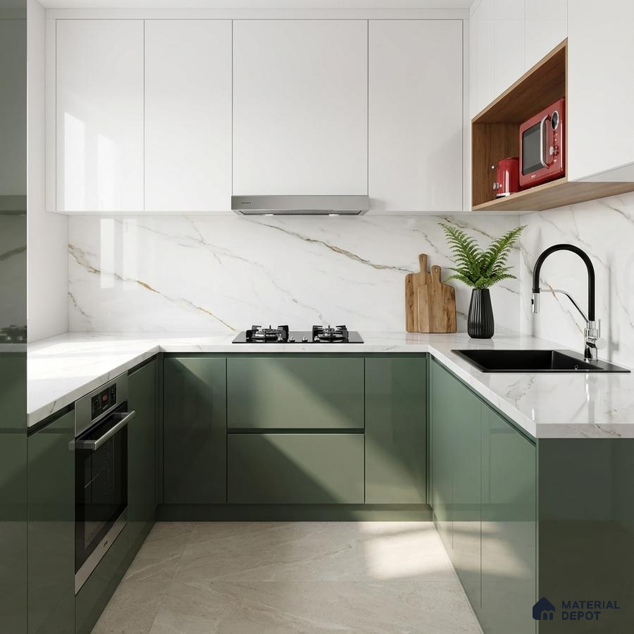 Modern dual tone kitchen with olive green and frosty white laminate, white marble-look backsplash and countertop