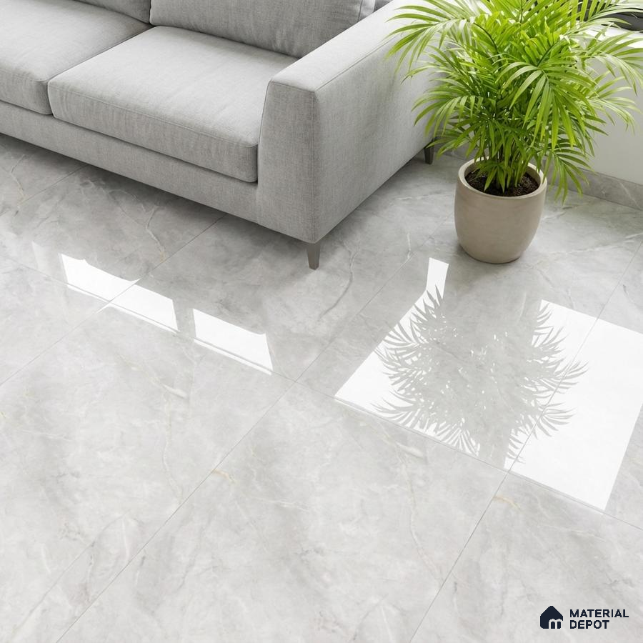 Minimalist living room with glossy light grey marble-look floor tiles and grey fabric sofa