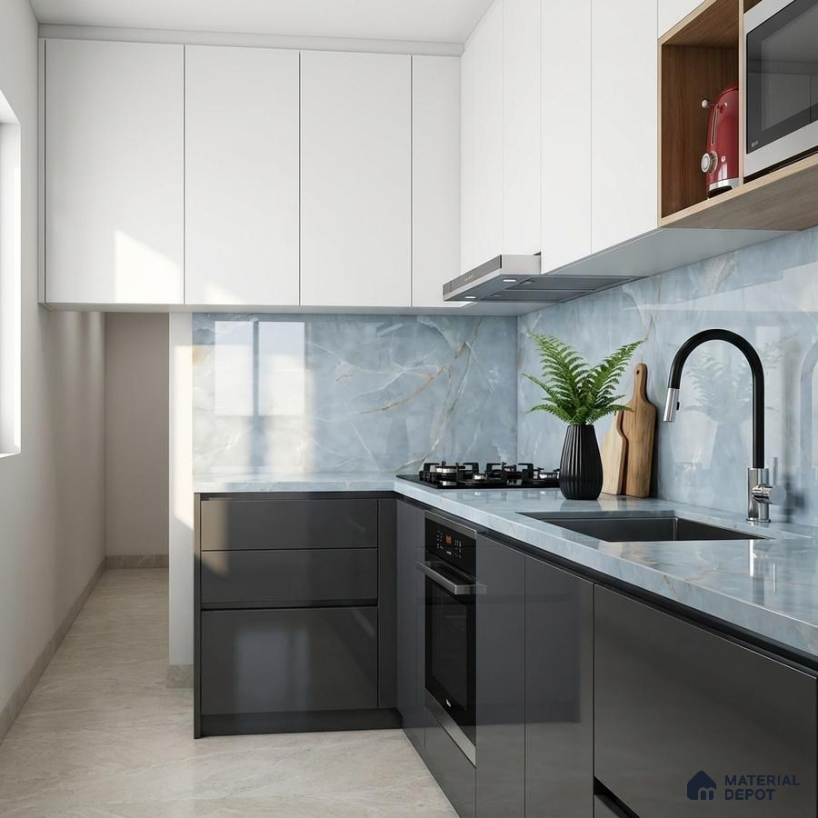 Modern kitchen with blue marble-look backsplash, glossy grey and white laminate cabinets