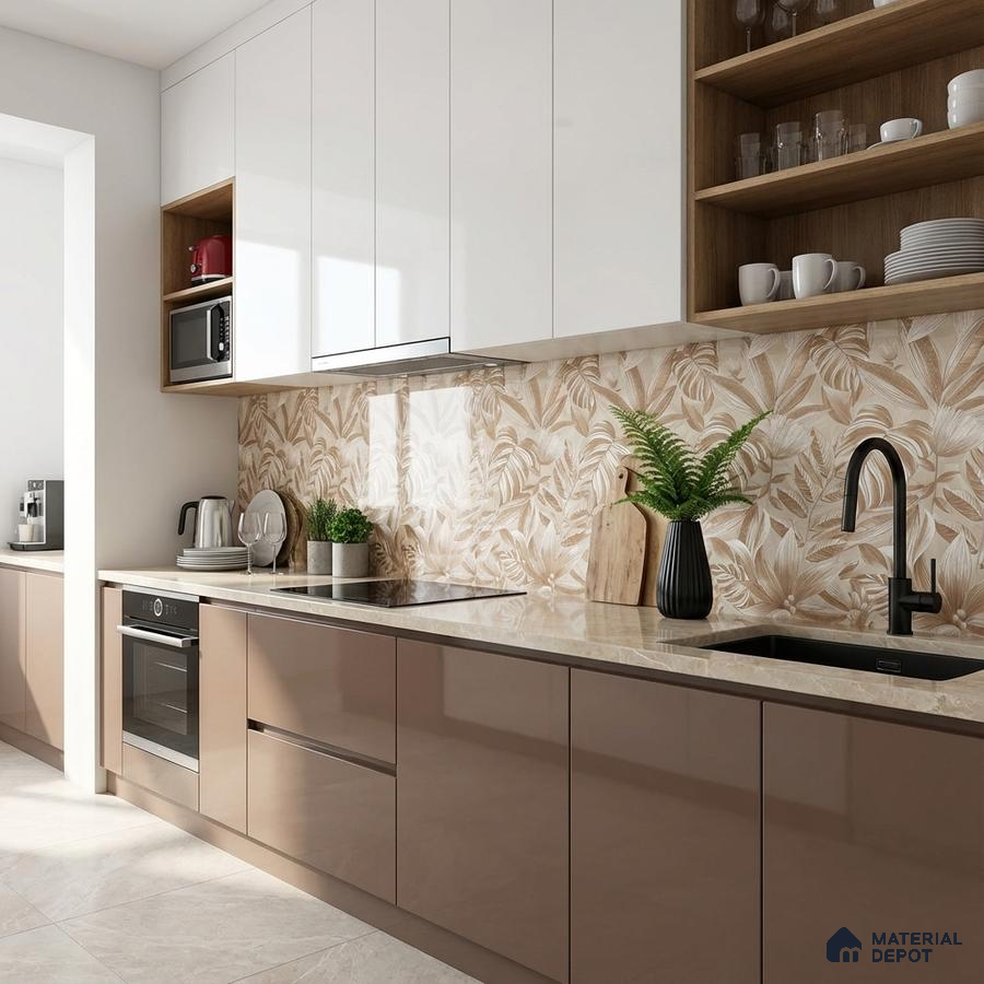 Modern kitchen with beige floral highlighter backsplash tile, glossy taupe laminate, and white upper cabinets