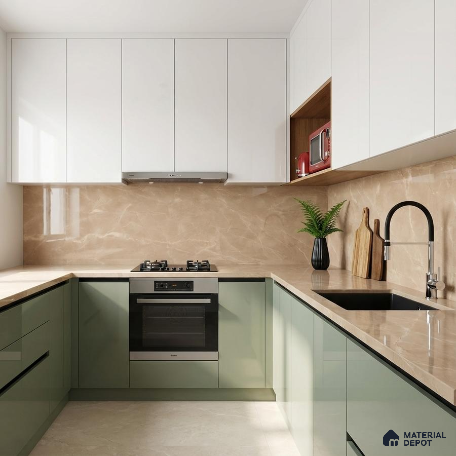 Modern U-shaped kitchen with sage green and white laminate, beige marble-look backsplash and countertop