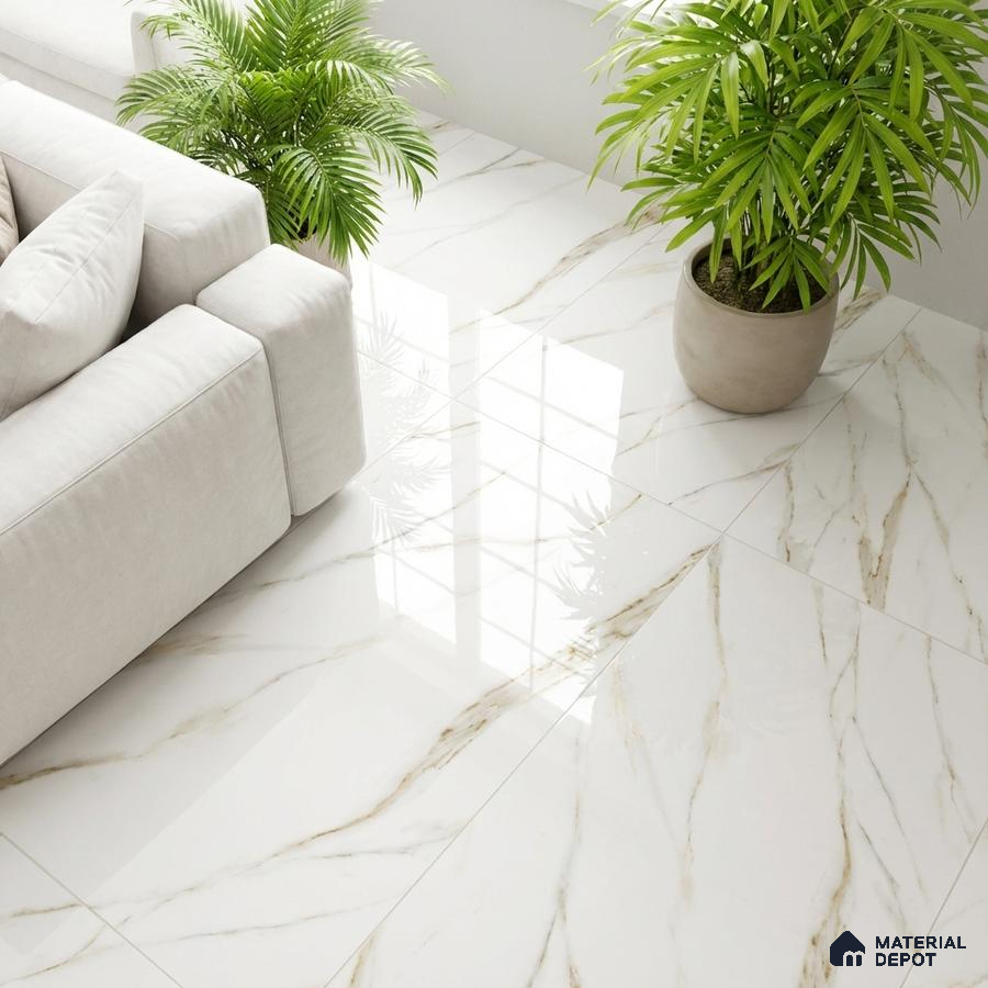 Modern living room with polished white marble-look floor tiles and neutral sofa