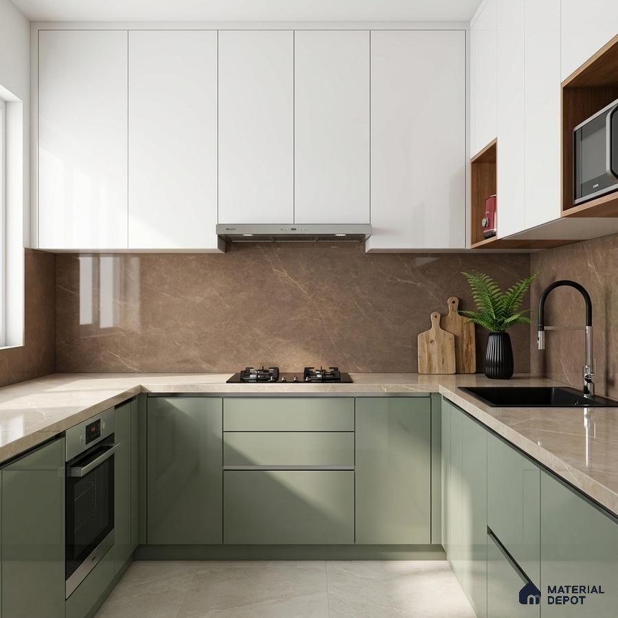 Modern U-shaped kitchen with sage green and white laminate, beige marble backsplash and countertop