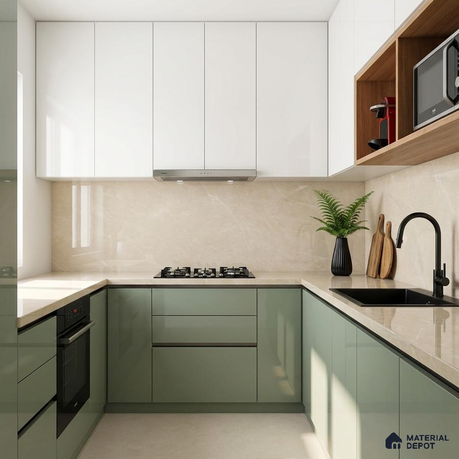 Modern dual tone kitchen with sage green and frosty white laminate, beige marble backsplash and countertop
