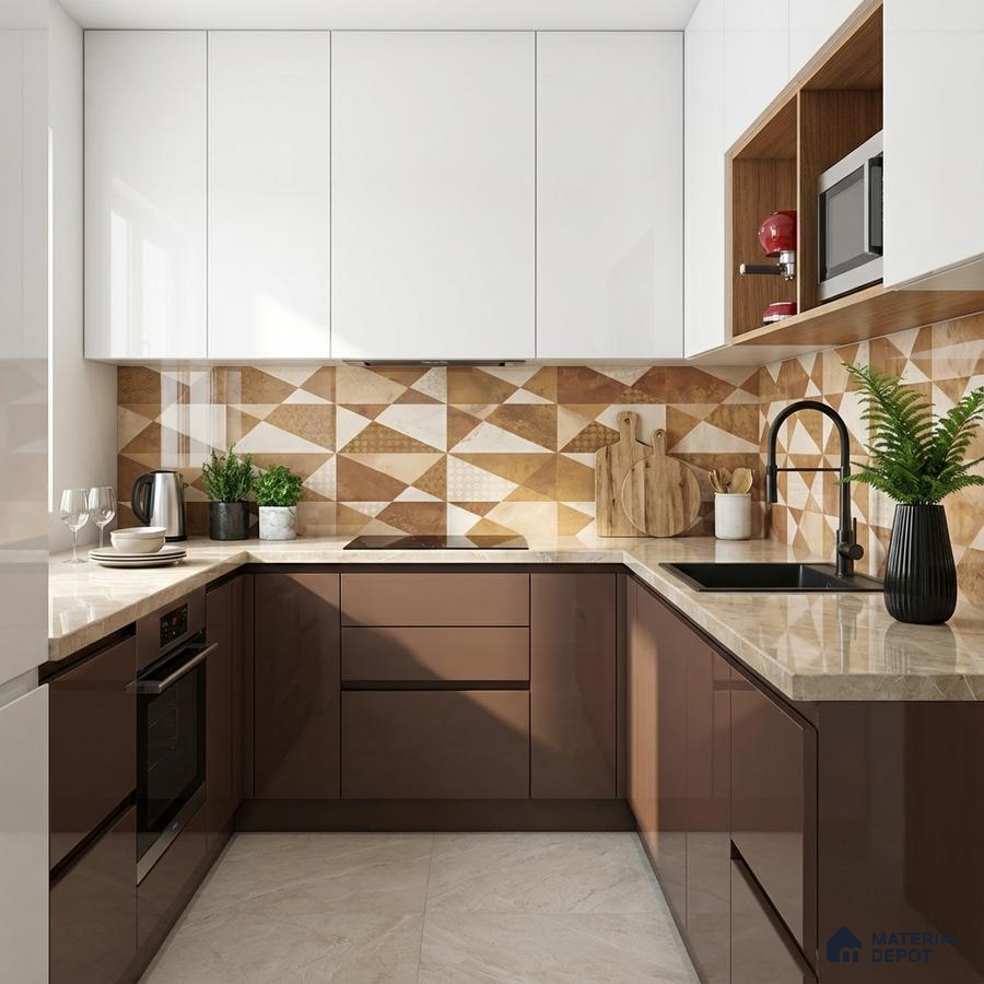 Modern kitchen with glossy brown laminate, white laminate, beige quartz countertop, and geometric patterned backsplash tile