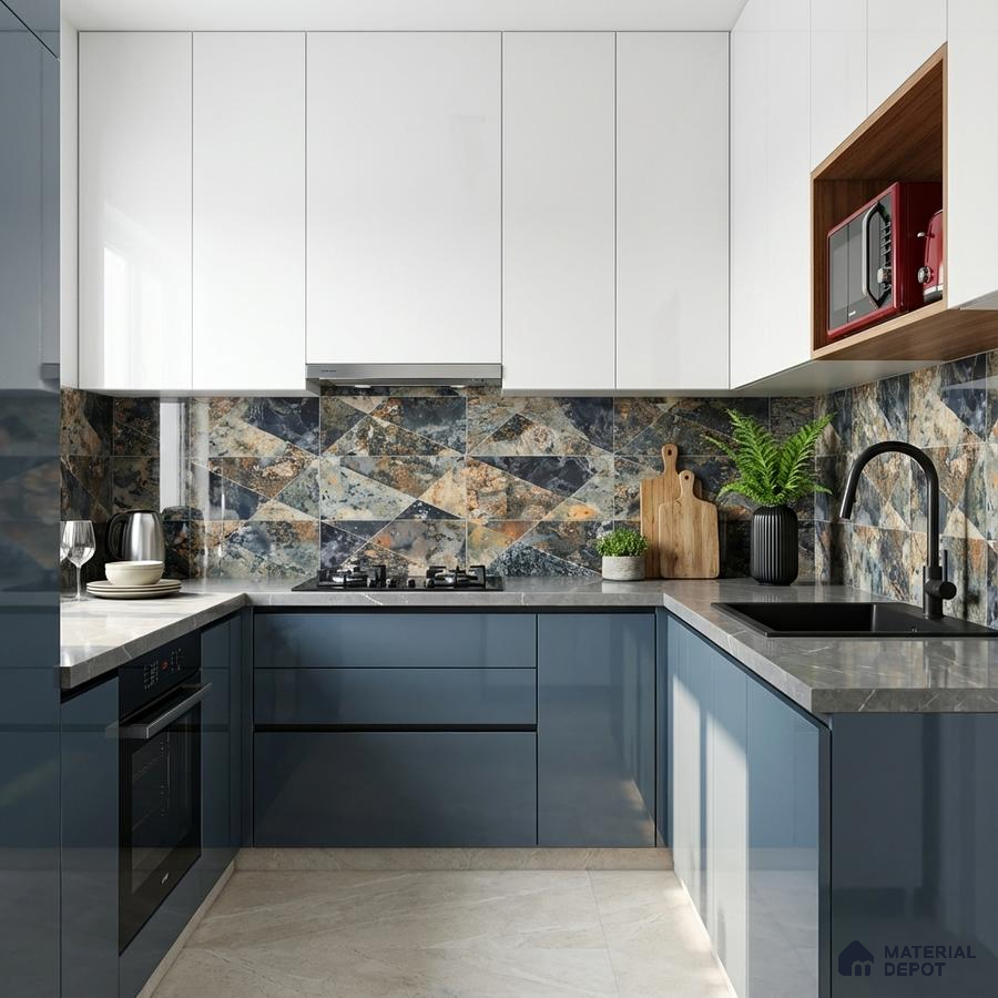 Modern kitchen with blue high gloss laminate, white laminate, geometric patterned backsplash tile, and grey quartz countertop