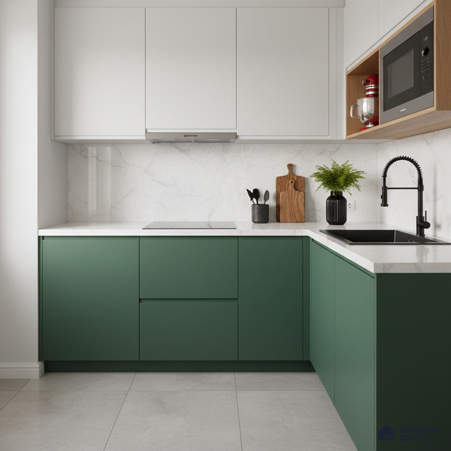 Modern dual tone kitchen with olive green laminate base cabinets and white marble-look backsplash