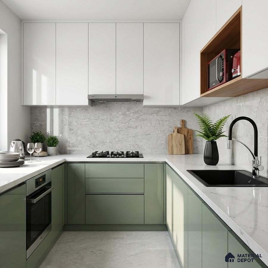 Modern dual tone kitchen with sage green and frosty white laminate, white marble-look quartz countertop, and marble backsplash