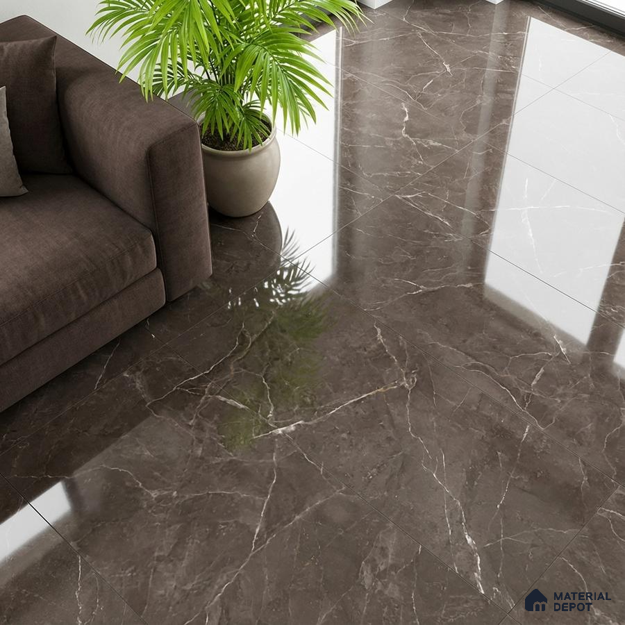 Modern living room with glossy brown marble floor tiles and brown fabric sofa