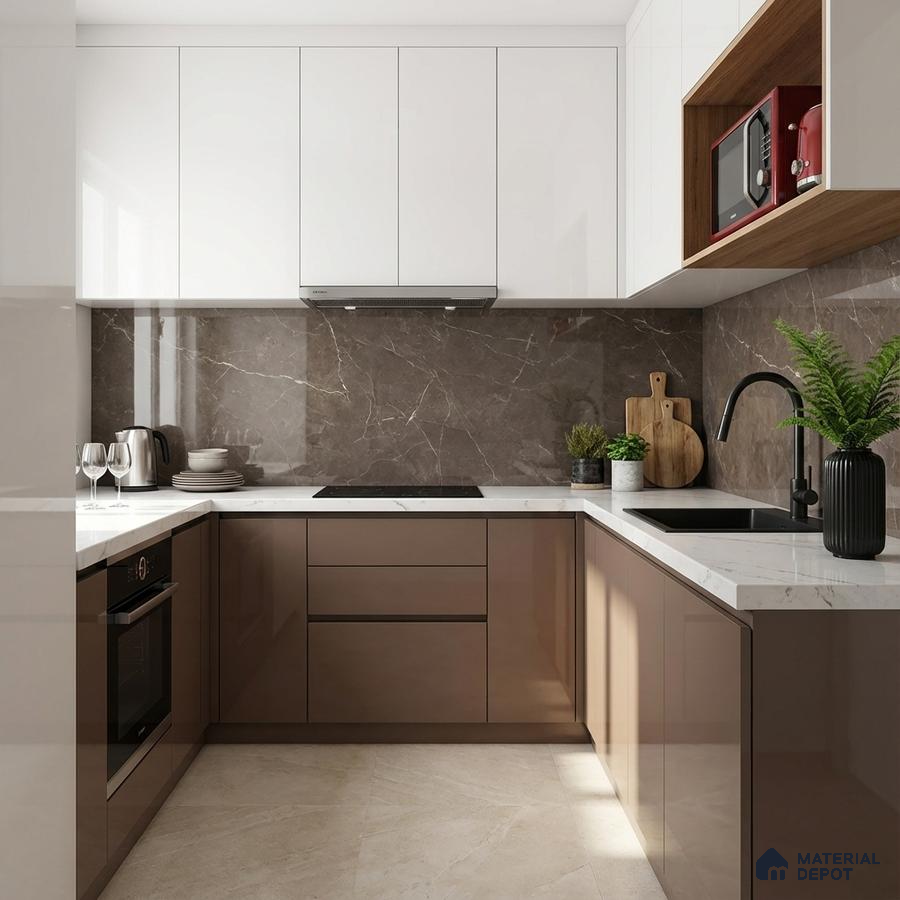 Modern U-shaped kitchen with glossy taupe laminate, white quartz countertop, and brown marble backsplash