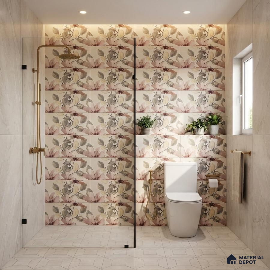 Modern bathroom with floral highlighter wall tiles and beige marble-look wall tiles