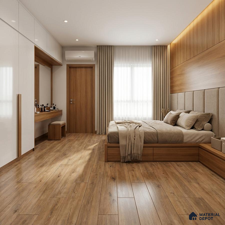 Scandinavian bedroom with oak wood flooring, white laminate wardrobe, and natural wood wall panel