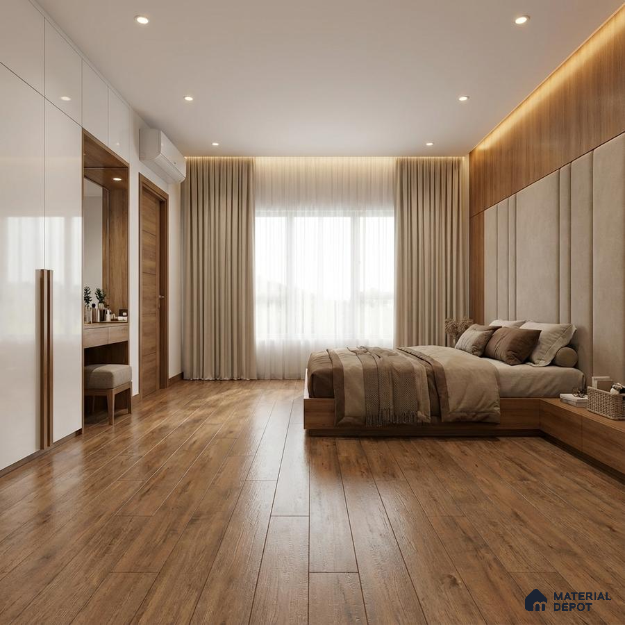 Modern bedroom with walnut wood flooring, suede upholstered headboard, and glossy white wardrobe