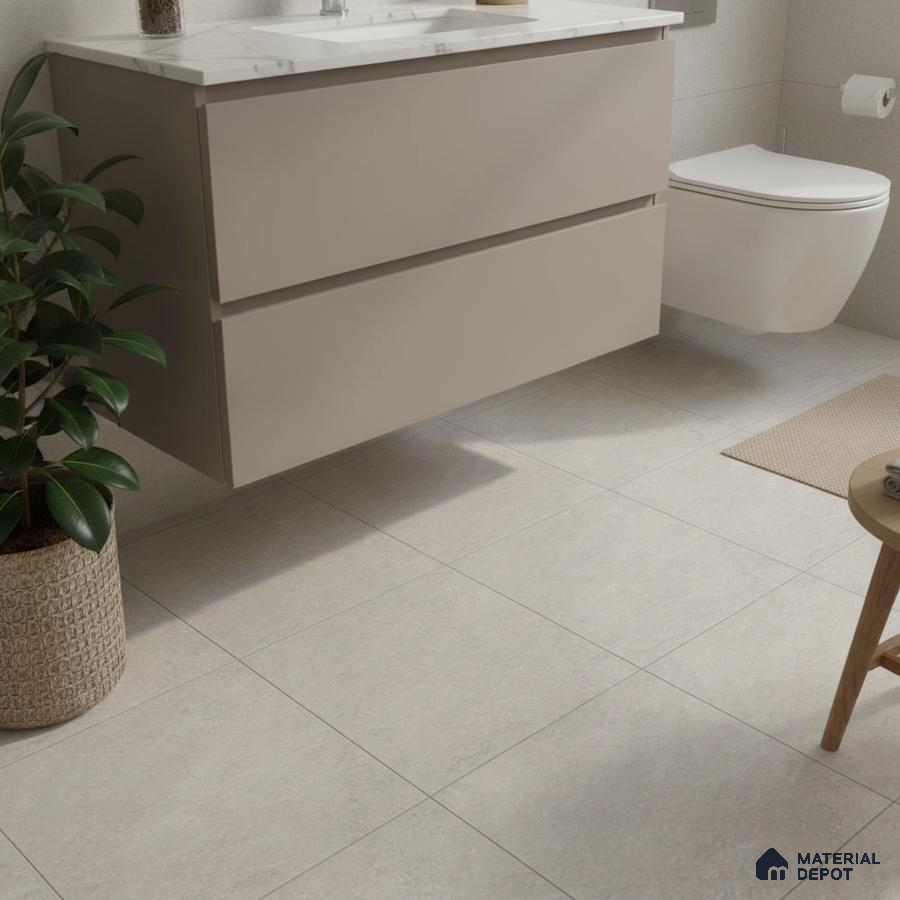 Minimalist bathroom with beige matte laminate vanity and light grey stone floor tiles