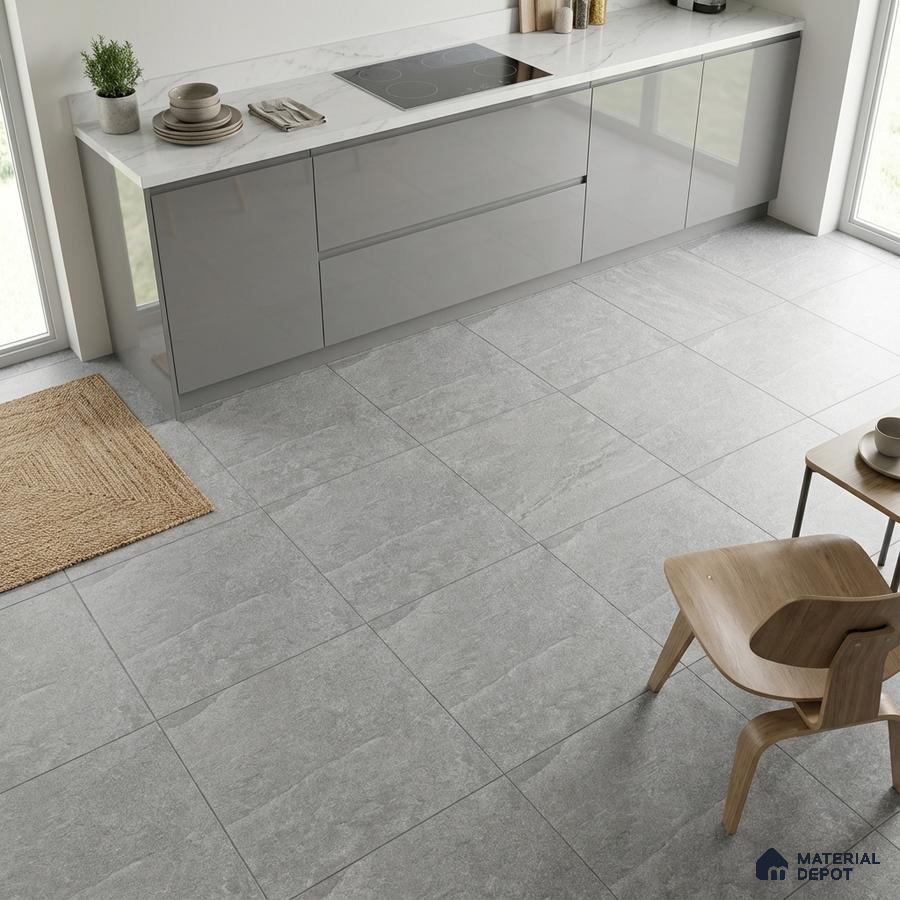 Minimalist kitchen with grey high gloss laminate cabinets, white marble countertop, and light grey stone floor tiles