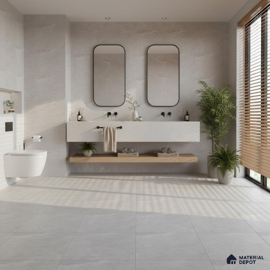 Minimalist bathroom with light grey stone tiles and floating wood shelf