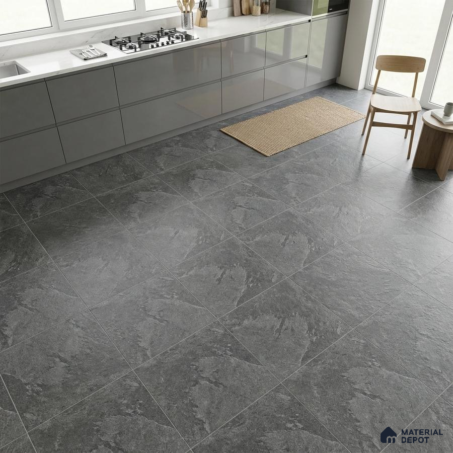 Modern kitchen with grey high gloss laminate cabinets and slate grey stone-look floor tiles