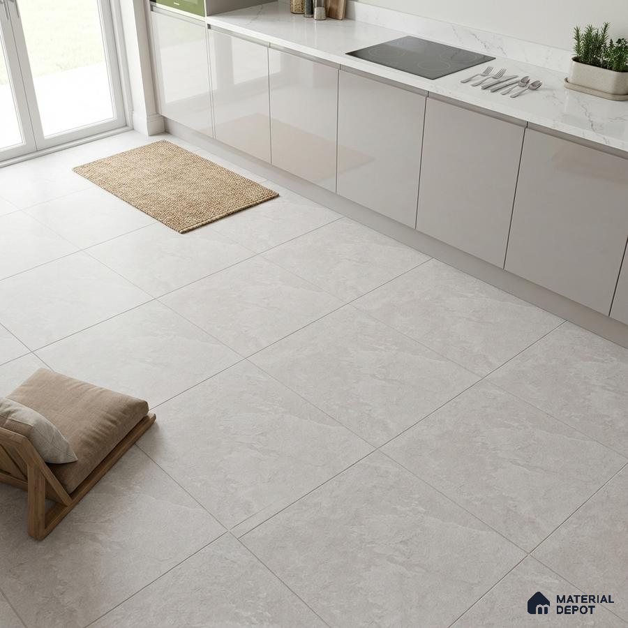 Minimalist kitchen with glossy white laminate cabinets and large light grey stone-look floor tiles