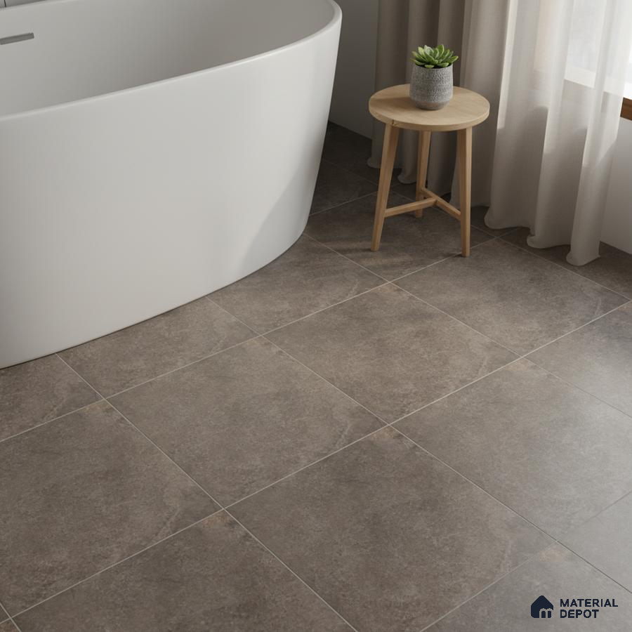 Minimalist bathroom with matte stone-look grey floor tiles and freestanding tub