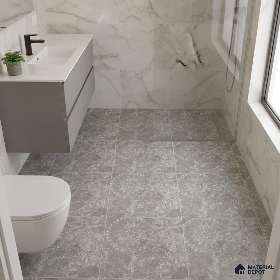 Modern bathroom with marble wall tiles and grey patterned floor tiles