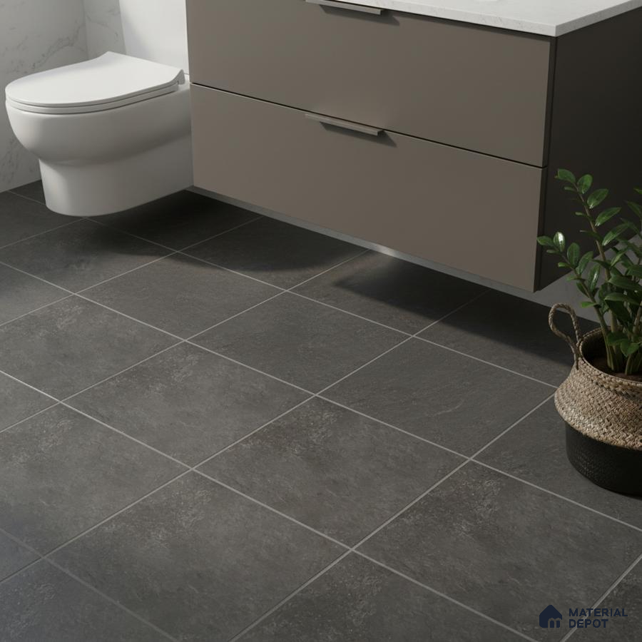 Modern bathroom with matte grey floor tiles and taupe floating vanity