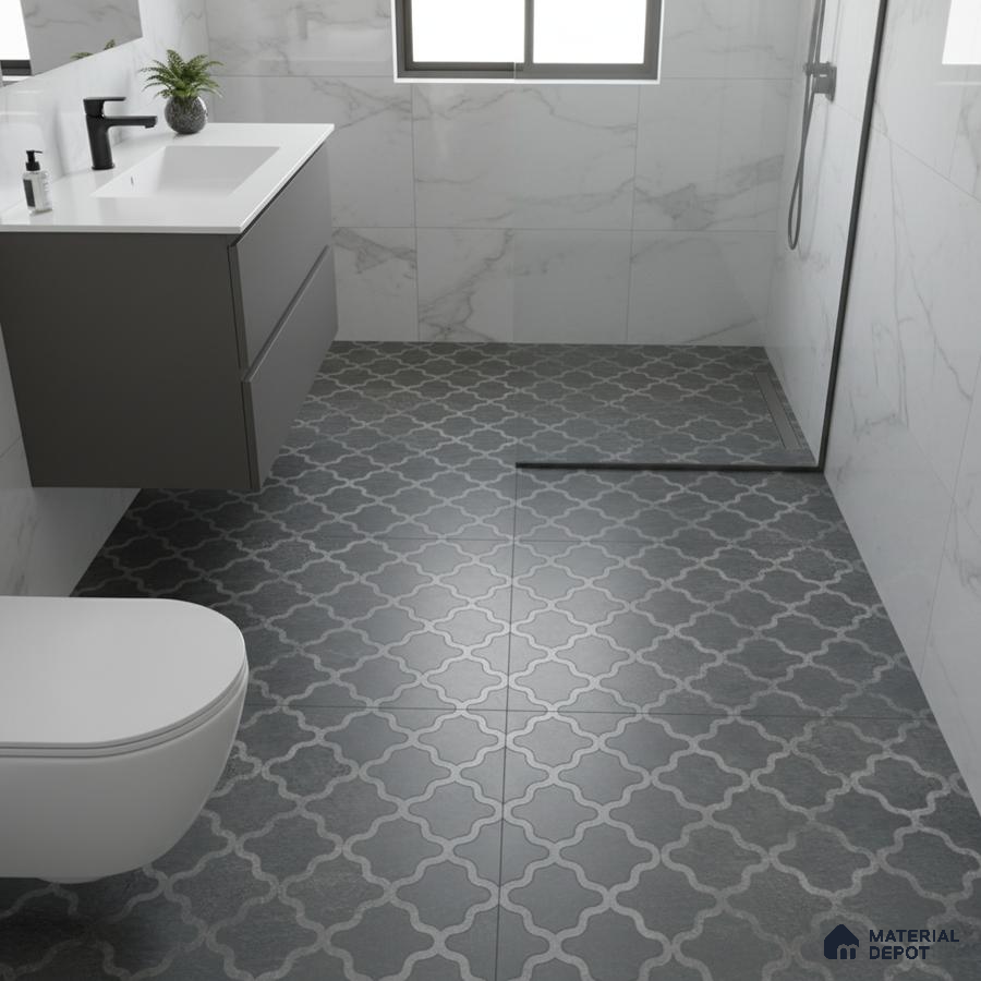 Modern bathroom with white marble wall tiles and grey moroccan patterned floor tiles
