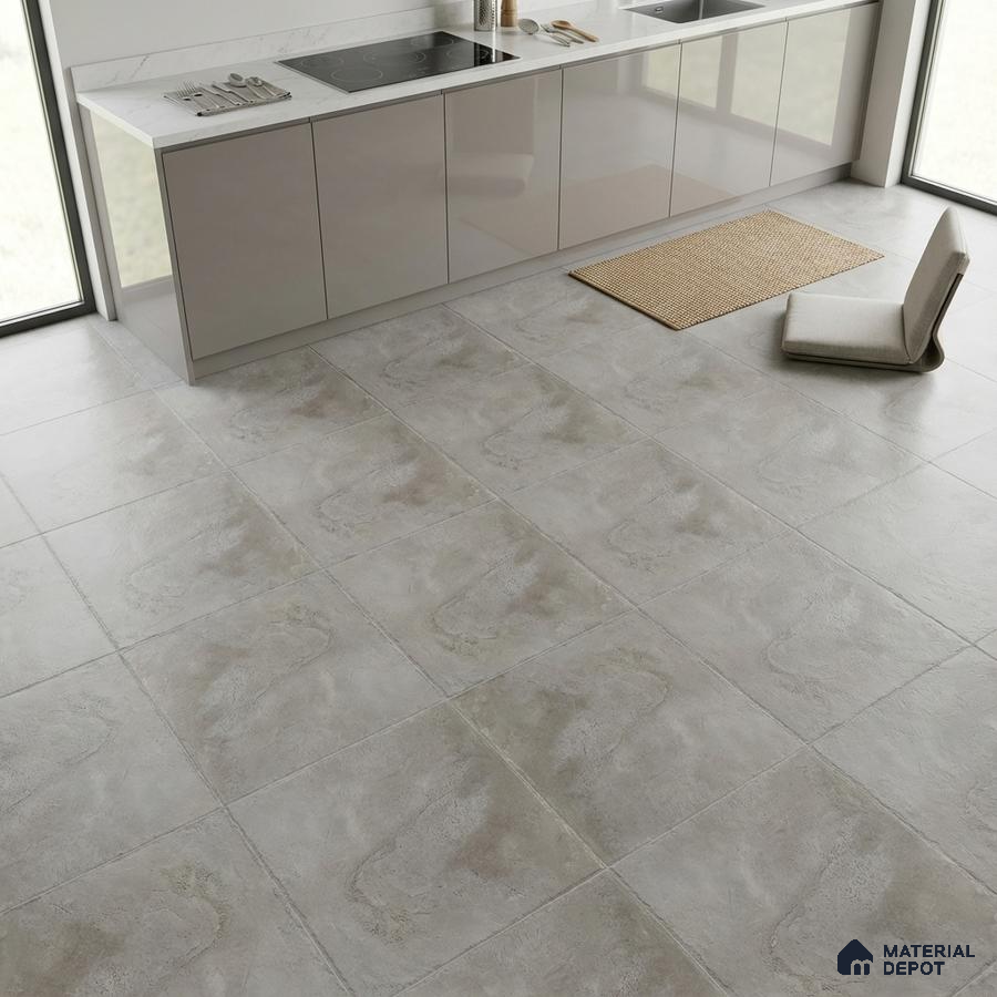 Minimalist kitchen with glossy taupe laminate cabinets and matte grey stone-look floor tiles