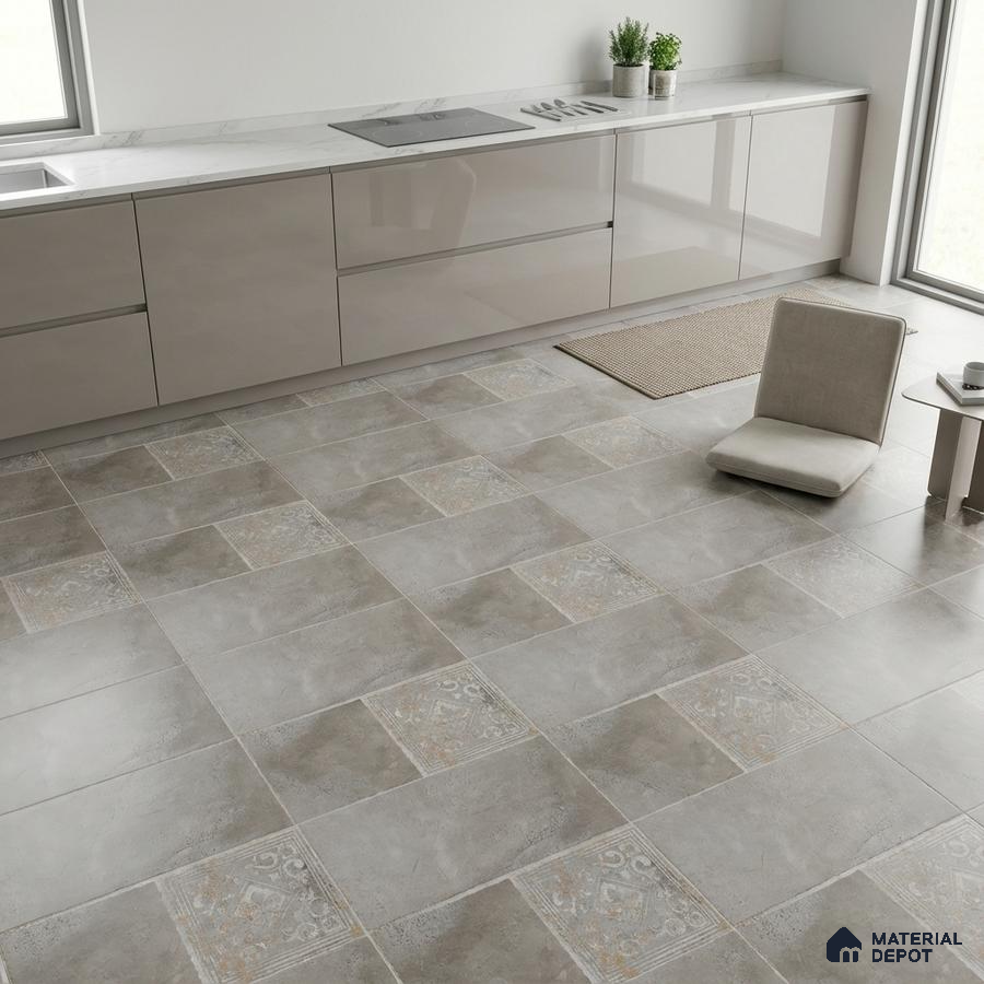 Minimalist kitchen with glossy taupe laminate cabinets, white marble countertop, and patterned grey floor tiles
