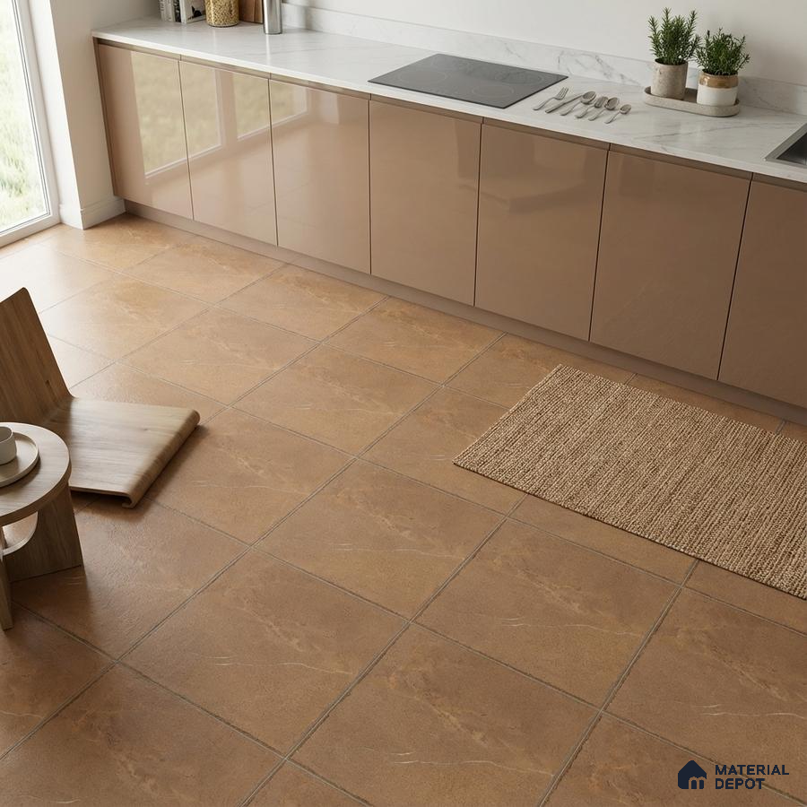 Modern kitchen with glossy beige laminate cabinets, white marble countertop, and matte terracotta floor tiles