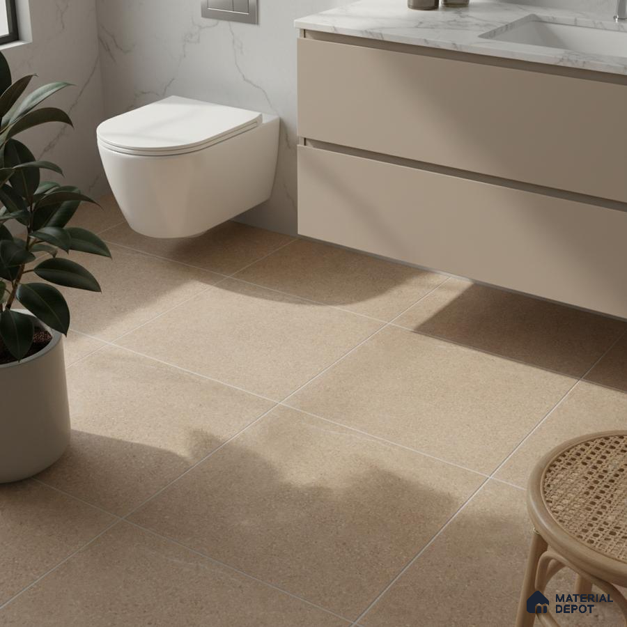 Modern bathroom with beige floor tiles, marble-look countertop, and matte taupe vanity