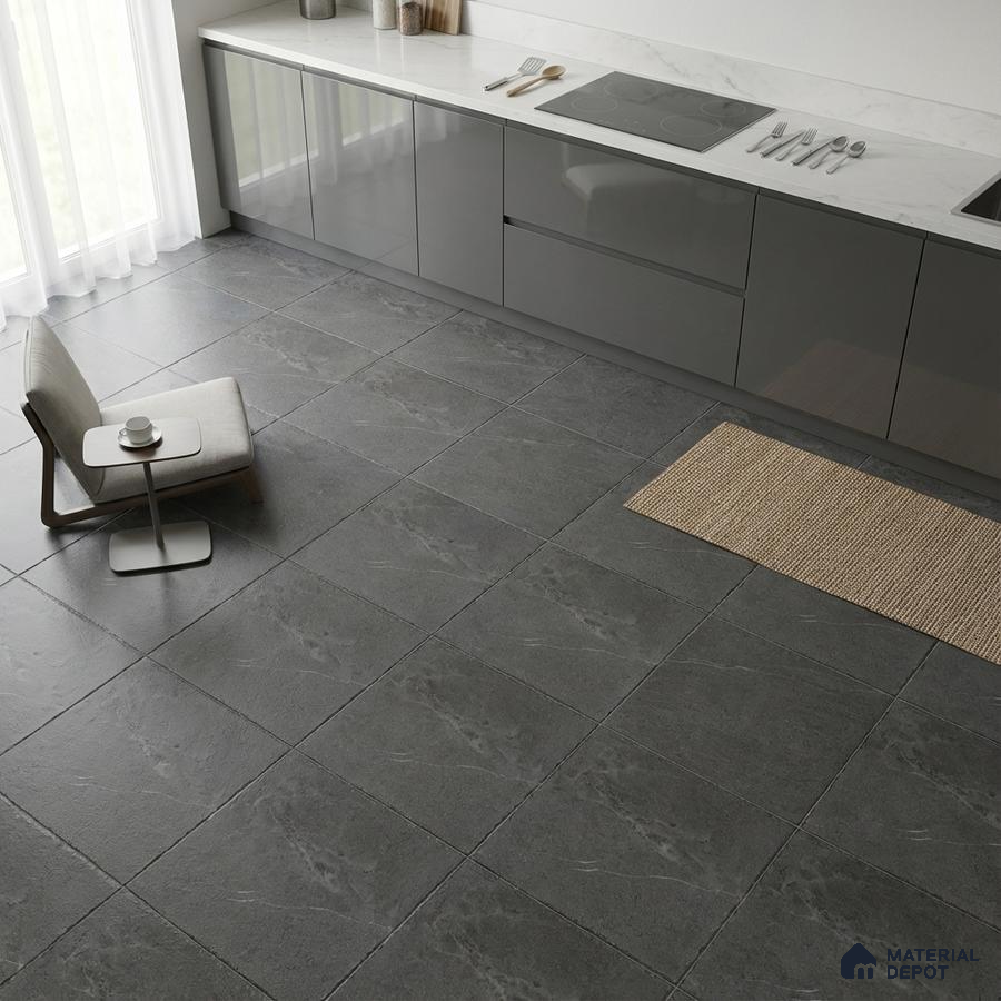 Minimalist kitchen with grey high gloss laminate cabinets, white marble-look countertop, and charcoal stone floor tiles