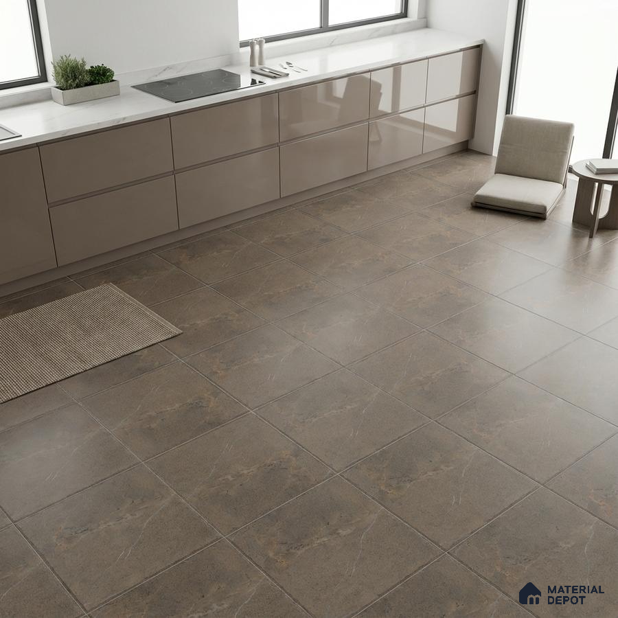 Modern kitchen with taupe high gloss laminate cabinets, white marble countertop, and brown stone-look floor tiles