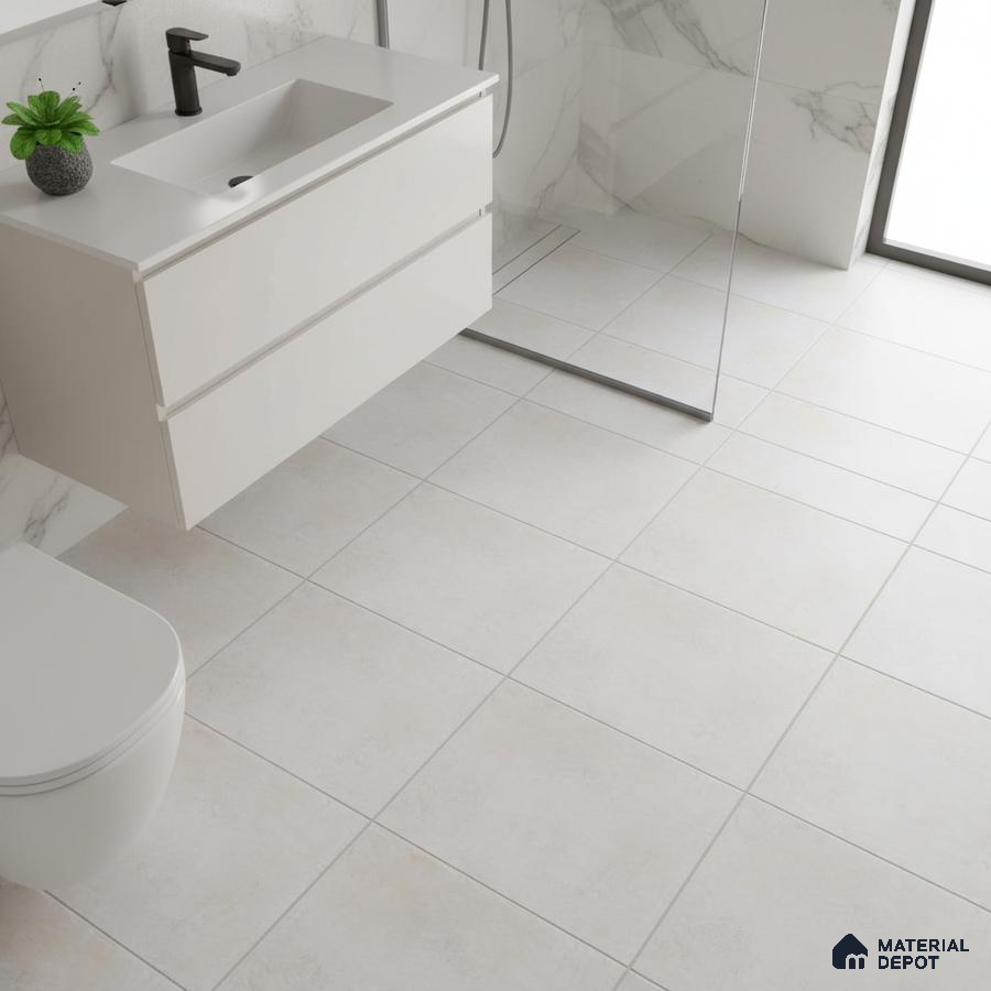 Minimalist bathroom with matte white wall tiles, marble-look shower wall tiles, and frosty white floating vanity