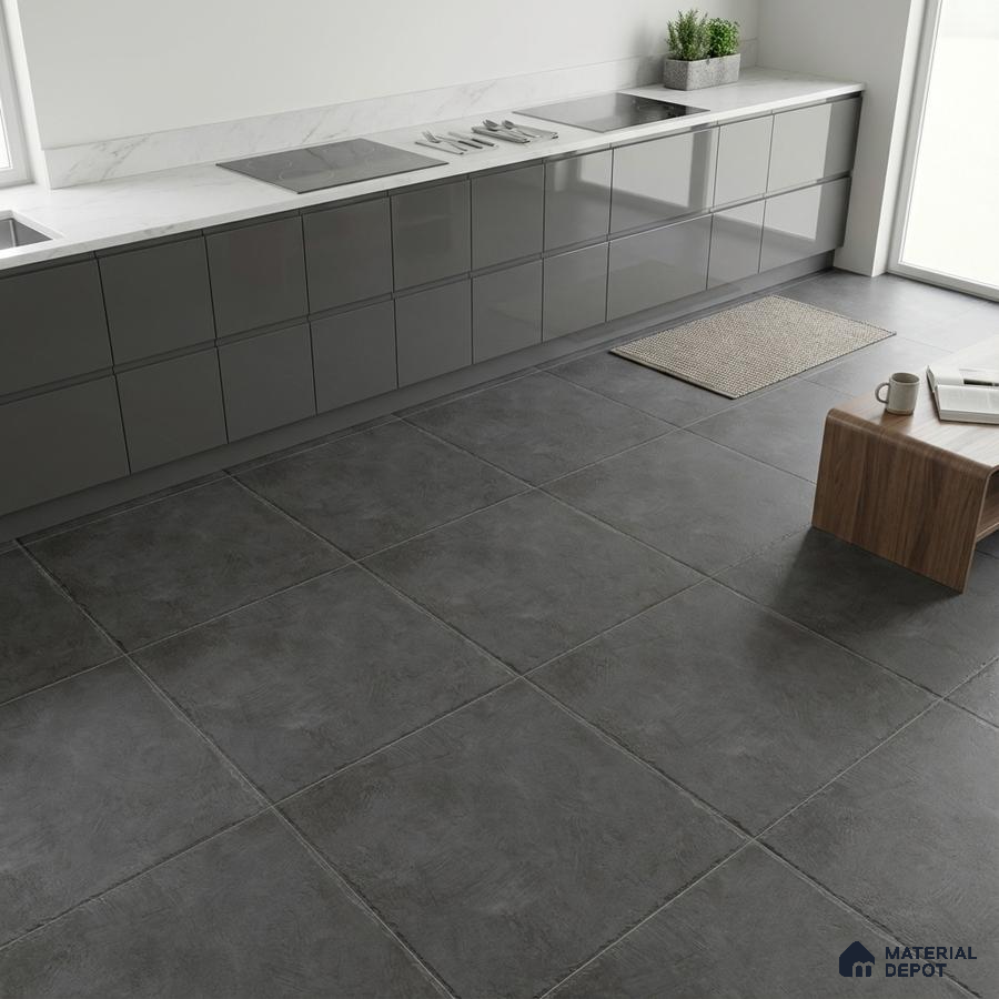 Modern kitchen with glossy grey laminate cabinets, white marble countertop, and large format charcoal grey floor tiles