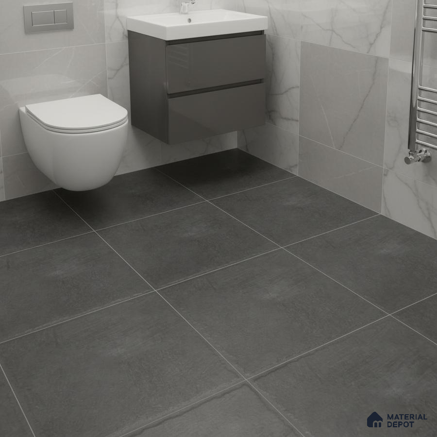 Modern bathroom with grey stone floor tiles and white marble wall tiles