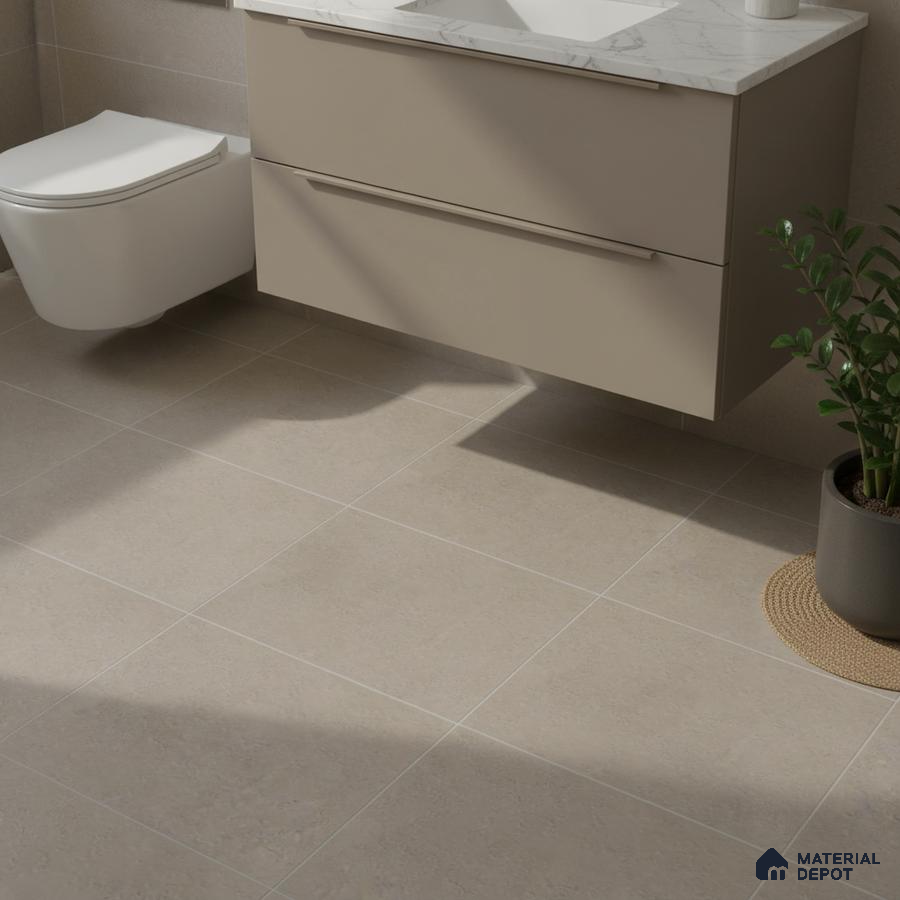Minimalist bathroom with beige matte floor tiles and taupe floating vanity with marble countertop